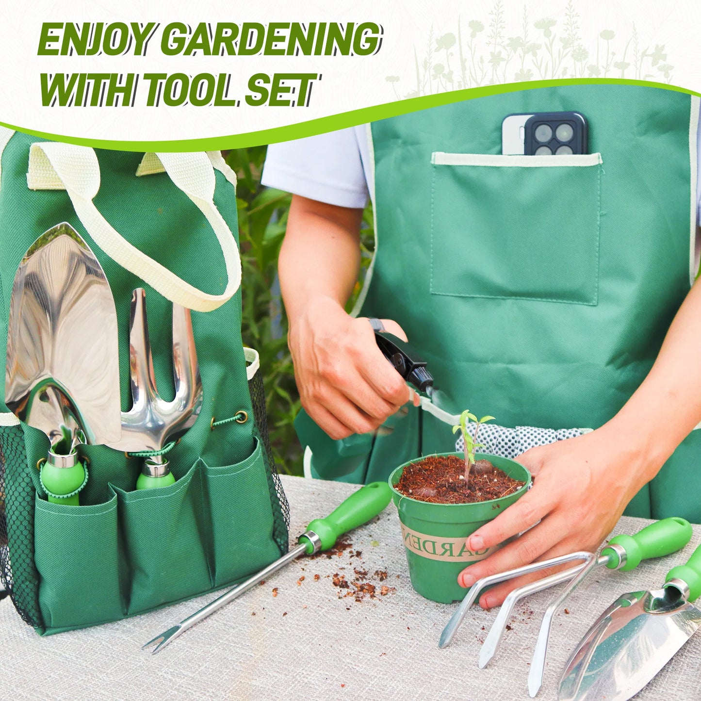 Garden Tool Set With Organizer Handbag For Digging Planting Pruning