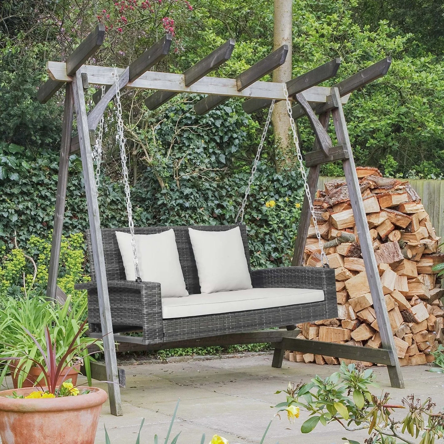2 Person Patio Hanging Swing Rattan 800LBS Bench Off White