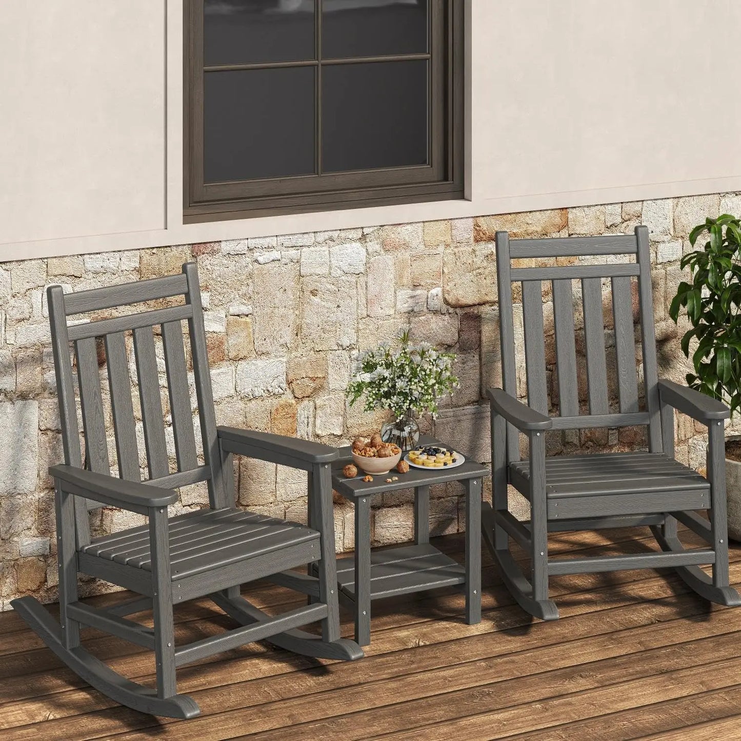 HiMISS Outdoor HDPE Lumber Rocking Chair Set With Side Table