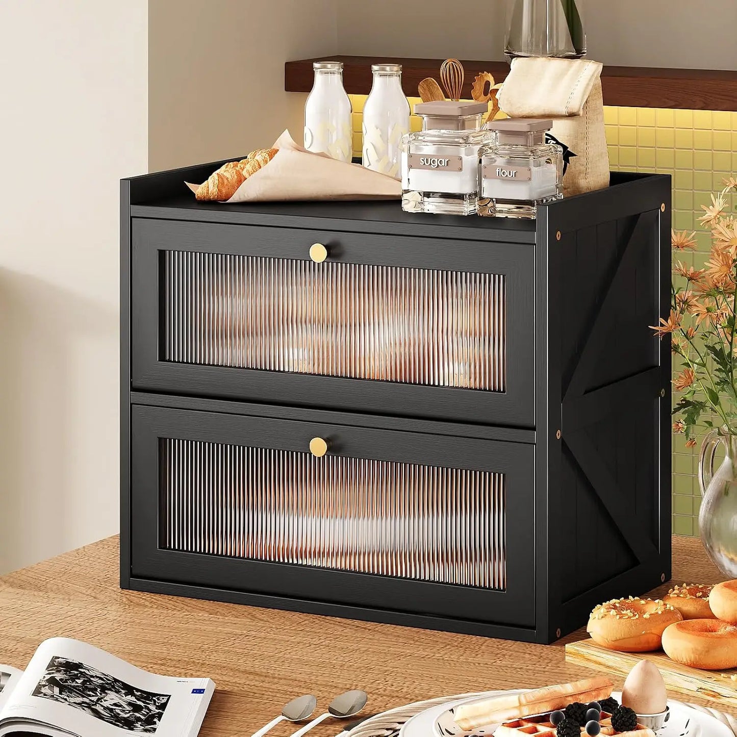 Trironsun Farmhouse Double Layer Black Bread Box with Acrylic Door for Kitchen Counter
