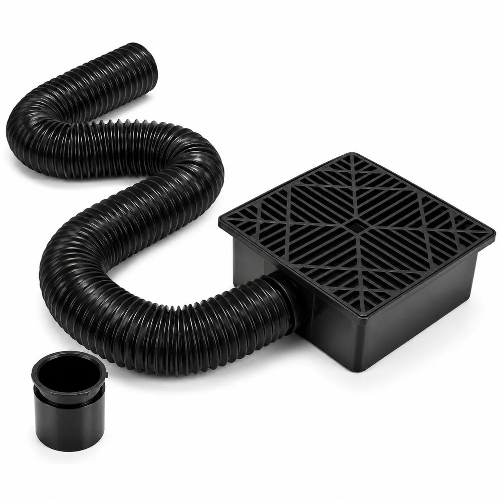 Square Outdoor Drain Catch Basin Kit with Grate Flexible Corrugated Drain Pipe Yard Patio Lawn Garden Downspout Surface Water Drainage System