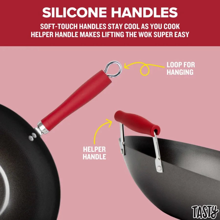 Carbon Steel Nonstick Wok With Flat Bottom Induction Silicone Handle
