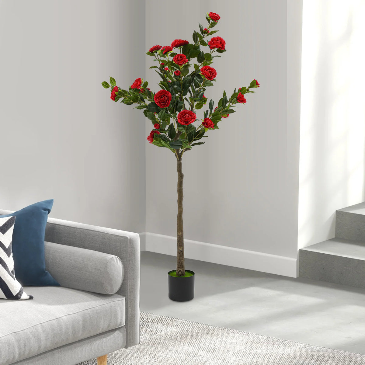 Simulated Tree Camellia Plant In Pot Lifelike Trunk Red Artificial Camellia Trees for Balconies/Shopping Malls/Exhibitions