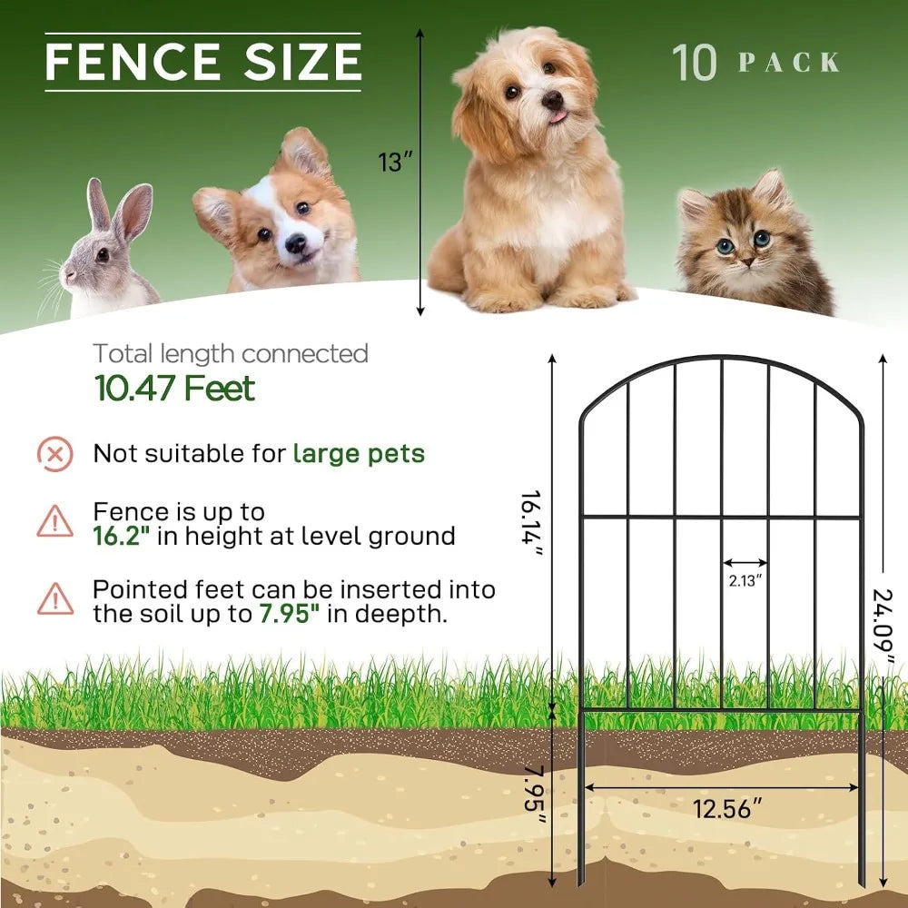 10ft x 24in No Dig Garden Fence, 10 Pcs Rustproof Metal Panels, Black Decorative Border for Flower Bed, Patio, Dogs