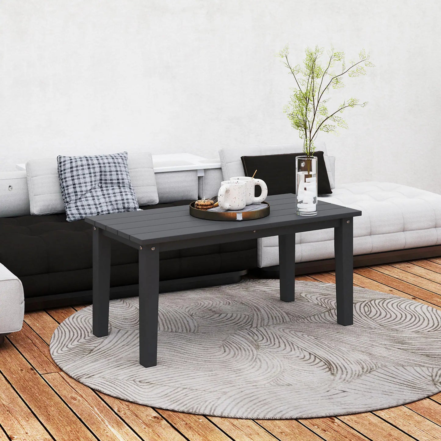Hdpe Outdoor Coffee Table, Rectangle Slatted Patio Table, Black