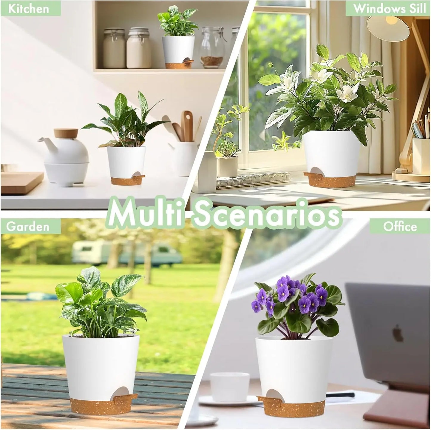 Self-Watering Plant Pots Set, Six Pack With Drainage Holes