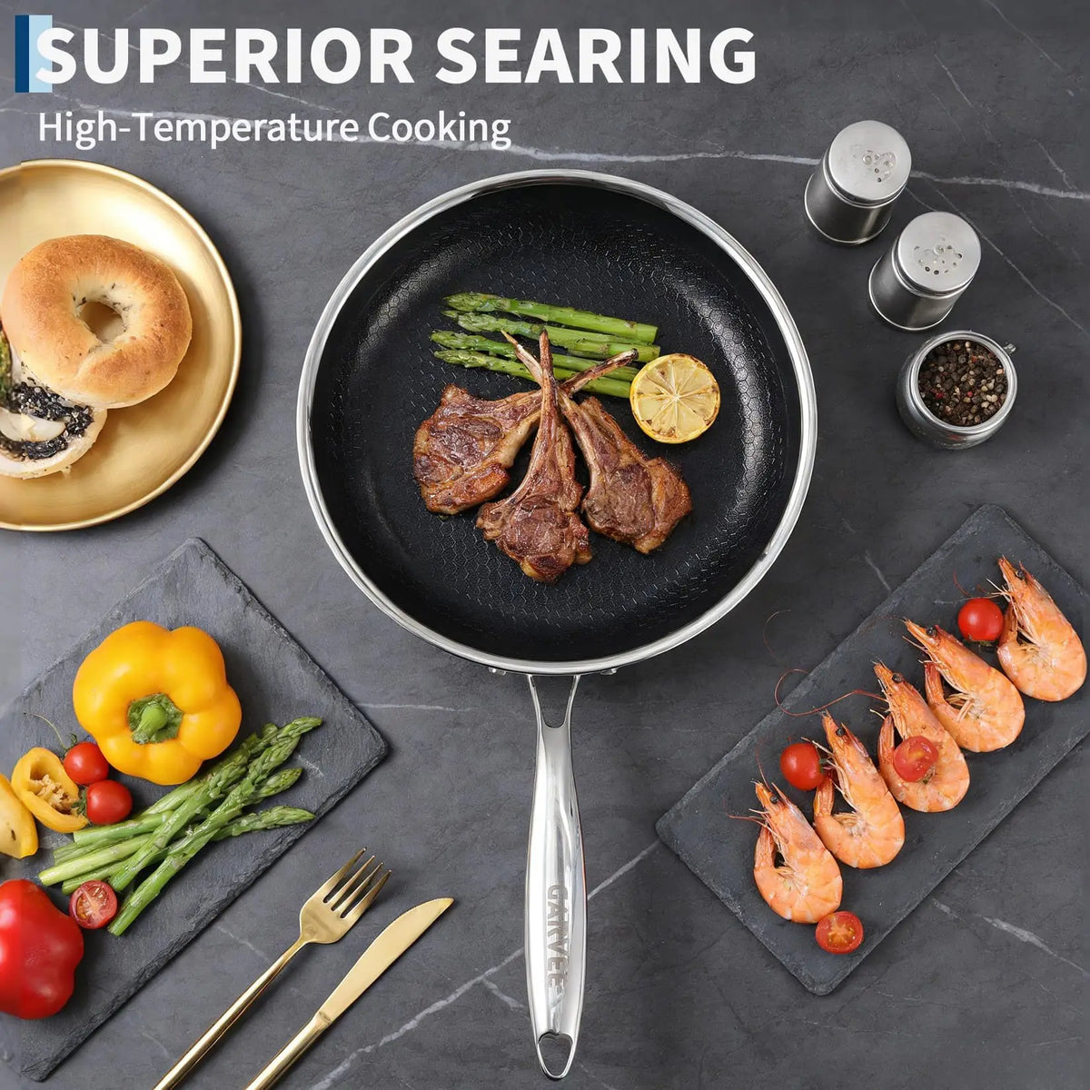 HiMISS Tri Ply Nonstick Stainless Steel Frying Pan Set Lids