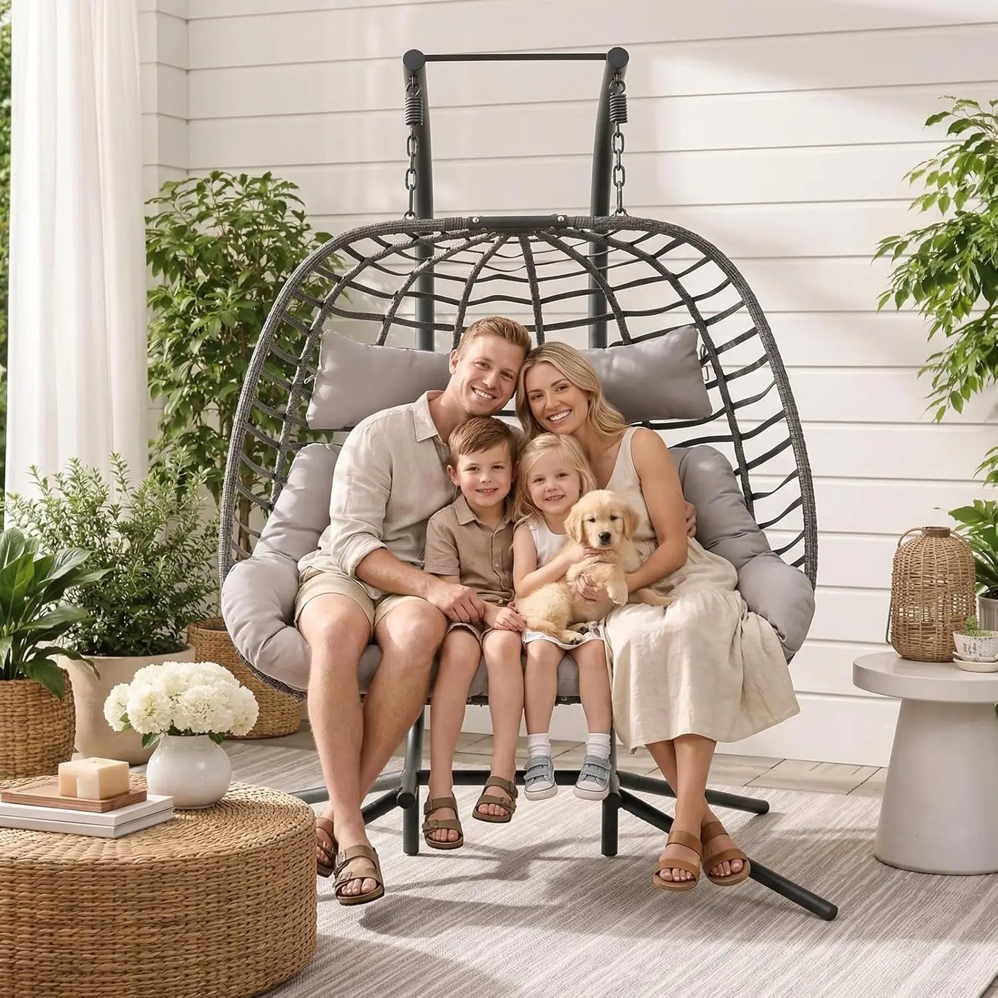 XIAOLANG Double Egg Swing Chair With Stand Rattan Outdoor Patio