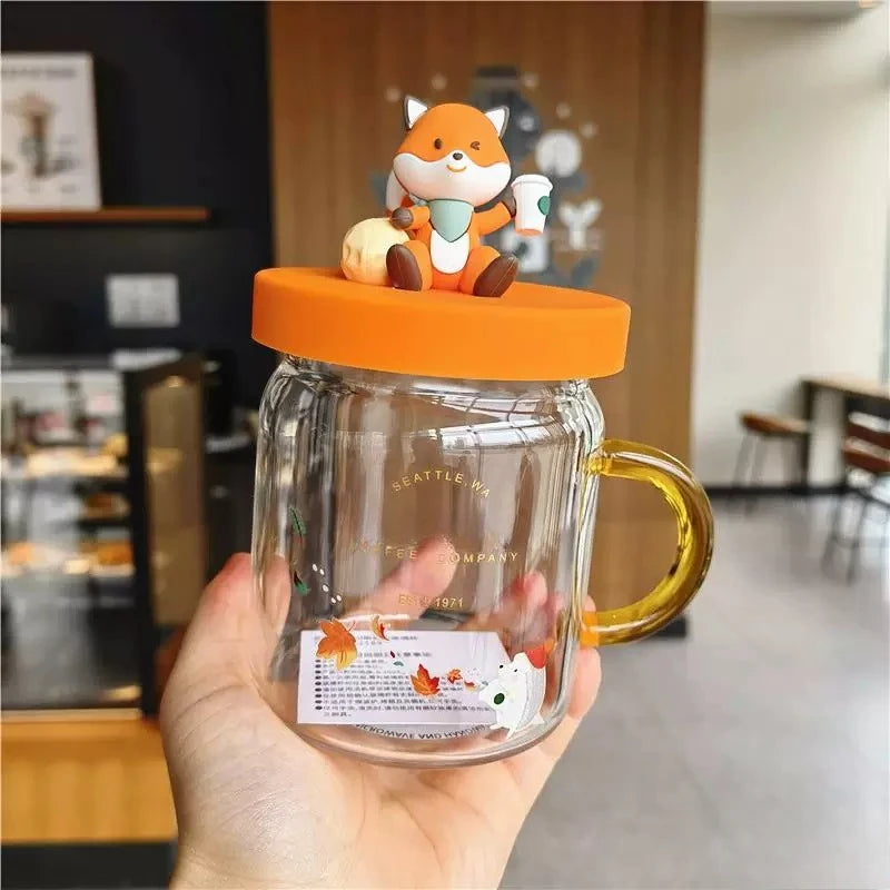 Autumn Forest Fox Glass Cup Cartoon Cover Heat Resistant