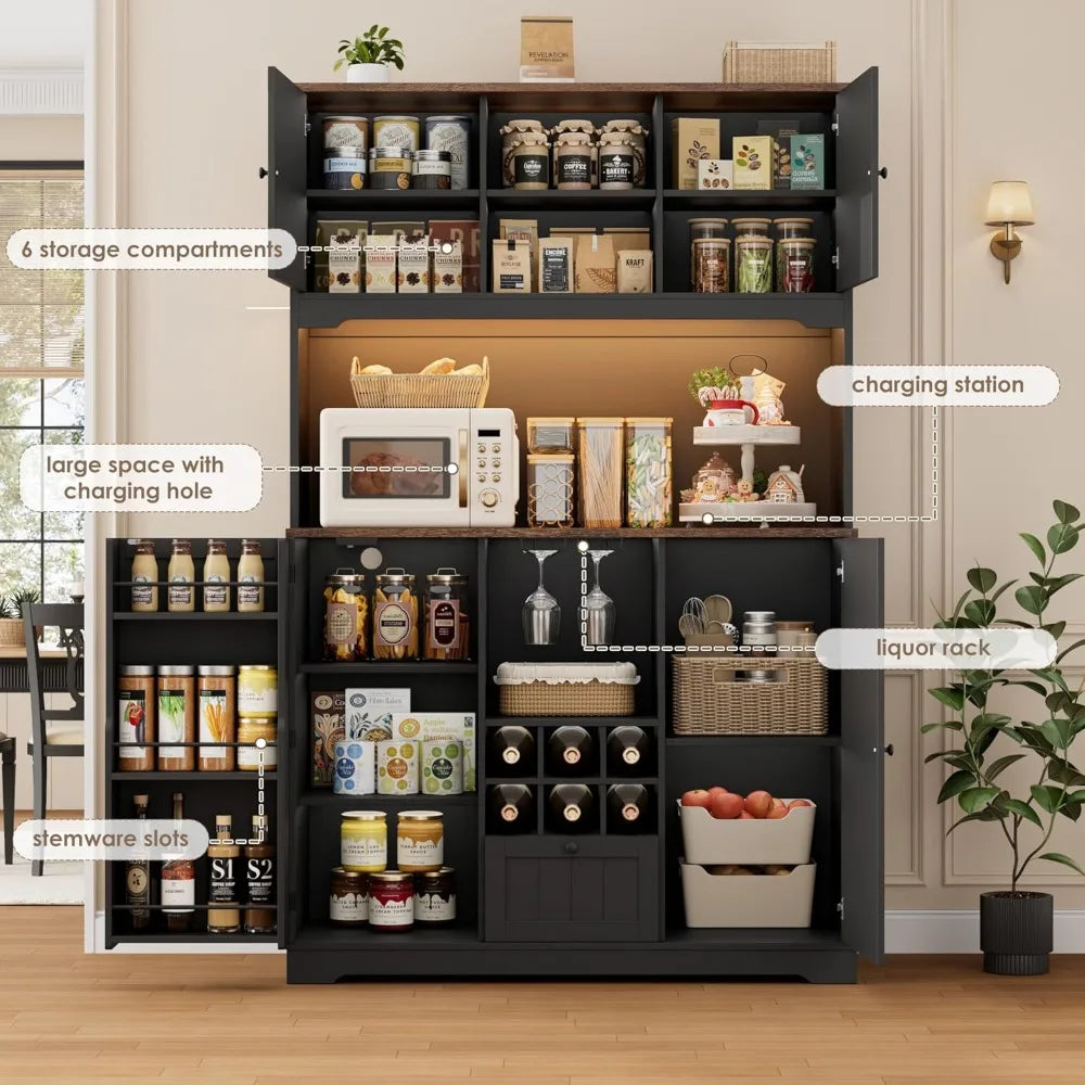 Pantry Cabinet With LED Light And Charging Station