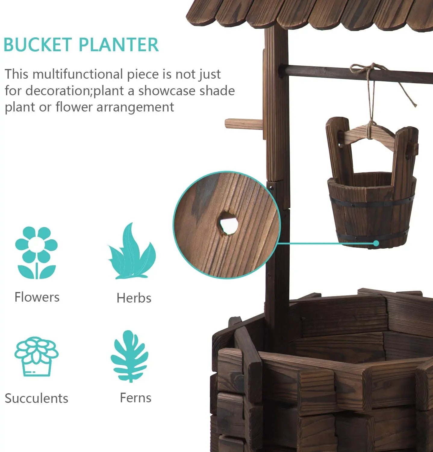 Wooden Wishing Well Planter With Hanging Bucket For Flowers