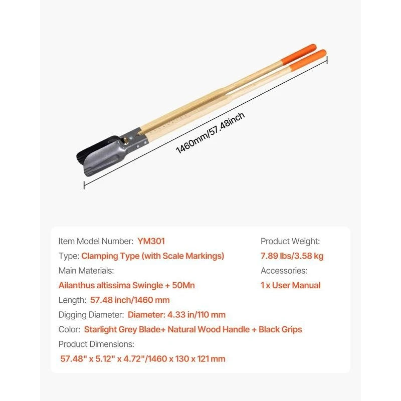 Manual Soil Auger 57.5-Inch For Fencing Landscaping Gardening, Wood Handle Scale Markings Metal Blade Heavy Duty Tool