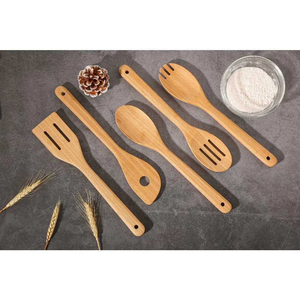 5 Pack Bamboo Spoons for Cooking Kitchen Utensil Set Wooden Stirring Spoons Essential Kitchen Tools Natural Wood Spatula for Stirring Mixing Serving