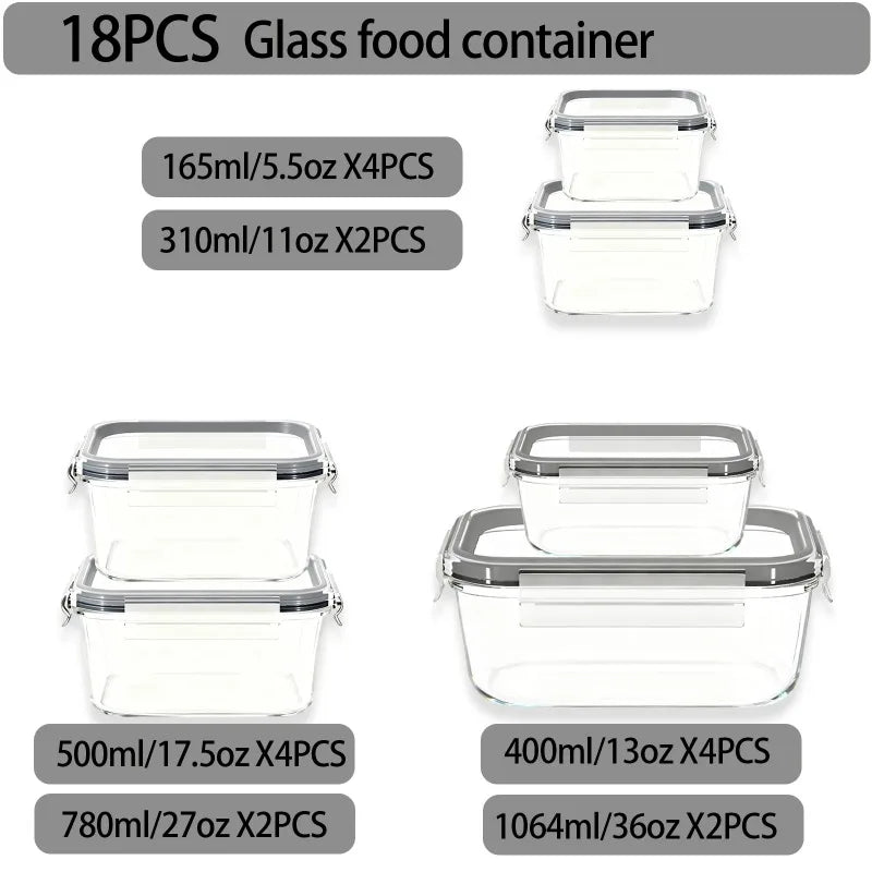 Glass Food Storage Containers Set, Airtight Leak‑Proof Glass Meal Prep Containers with Lids, Multi‑Sizes Reusable Lunch Box for Kitchen Fridge Freezer Microwave Dishwasher Safe, Food Organizer
