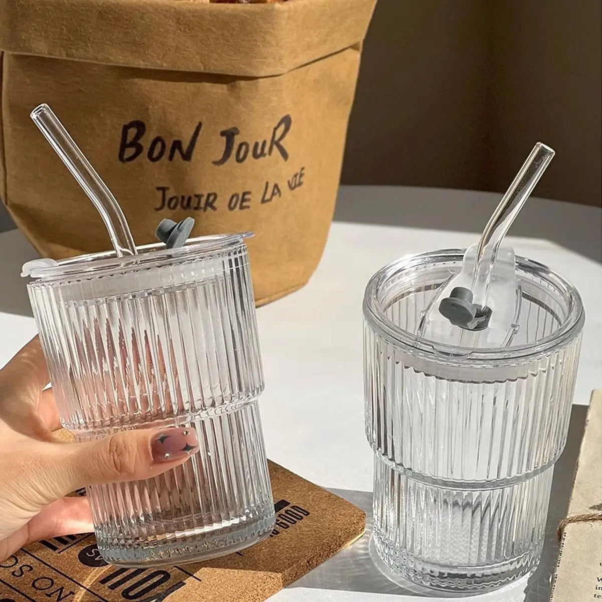 1 Set of 450ml (glass+straw+lid) Fashionable Straw Cup, Coffee Milk Tea Cup, Portable Companion Cup