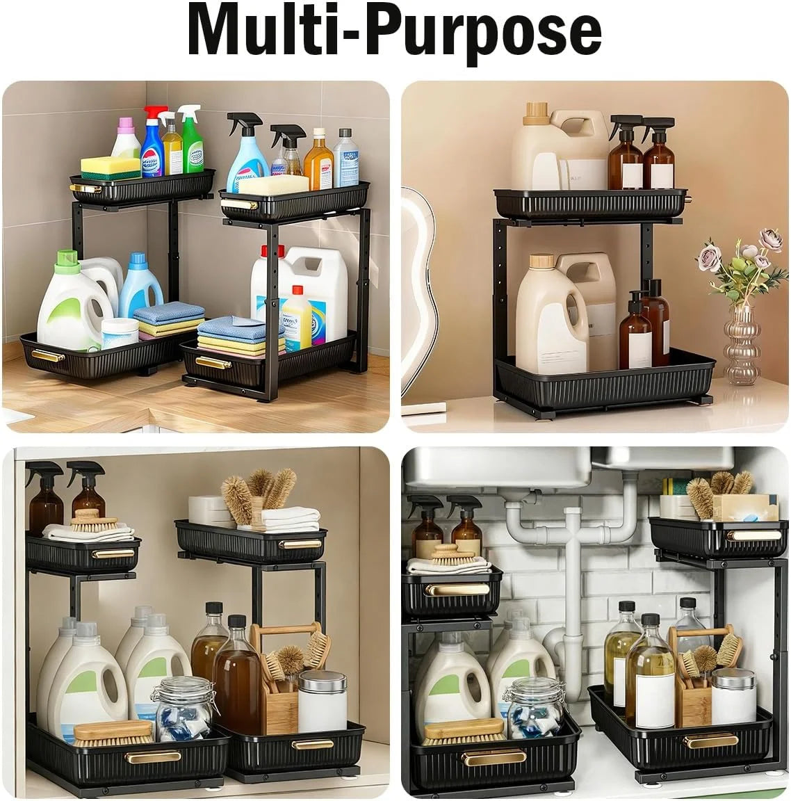 Under Sink Organizer - 2 Packs Multi-Purpose Pull-Out Storage Organizers, Slide out Pull out Cabinet Organizer Shelf, Storage for Kitchen Bathroom