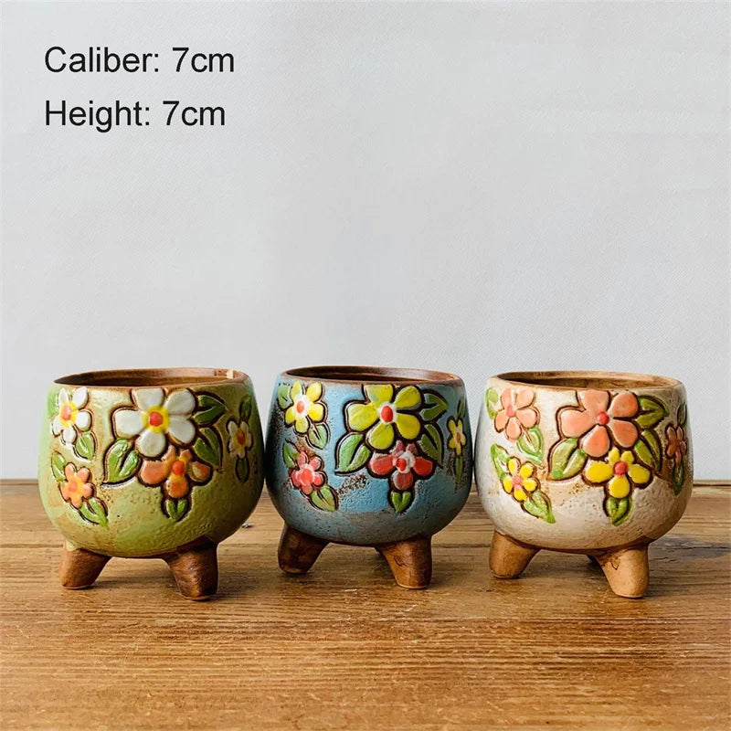 Retro Ceramic Flower Pot Hand Painted Planter For Desk Decor
