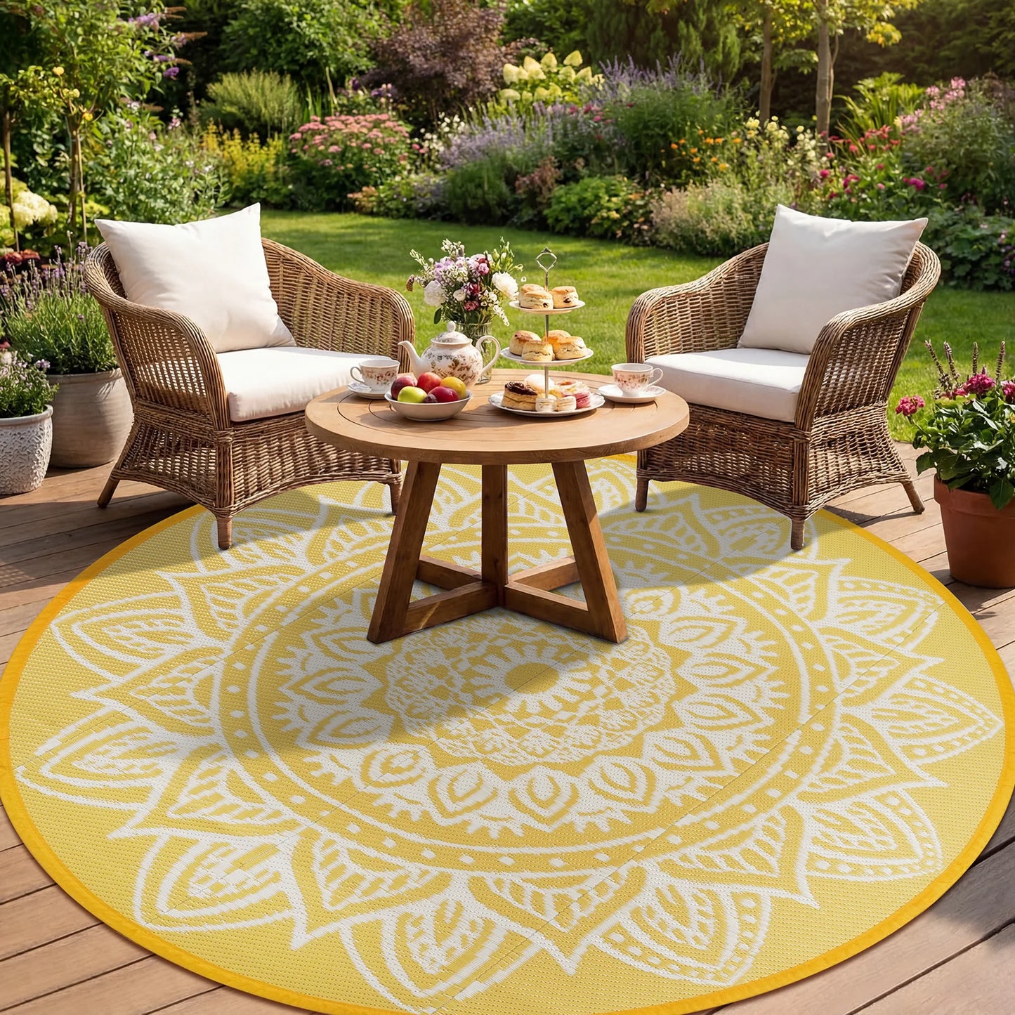 Round Outdoor Rug Reversible Waterproof Plastic Straw Mat Portable RV