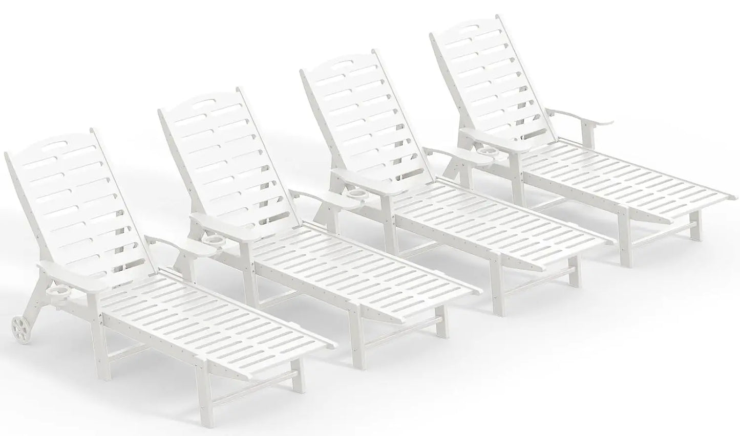 Heavy Duty HDPE Chaise Lounge Chairs Outdoor Set of 4, 5-Position Adjustable Patio Sun Loungers with Wheels & Cup, Customized