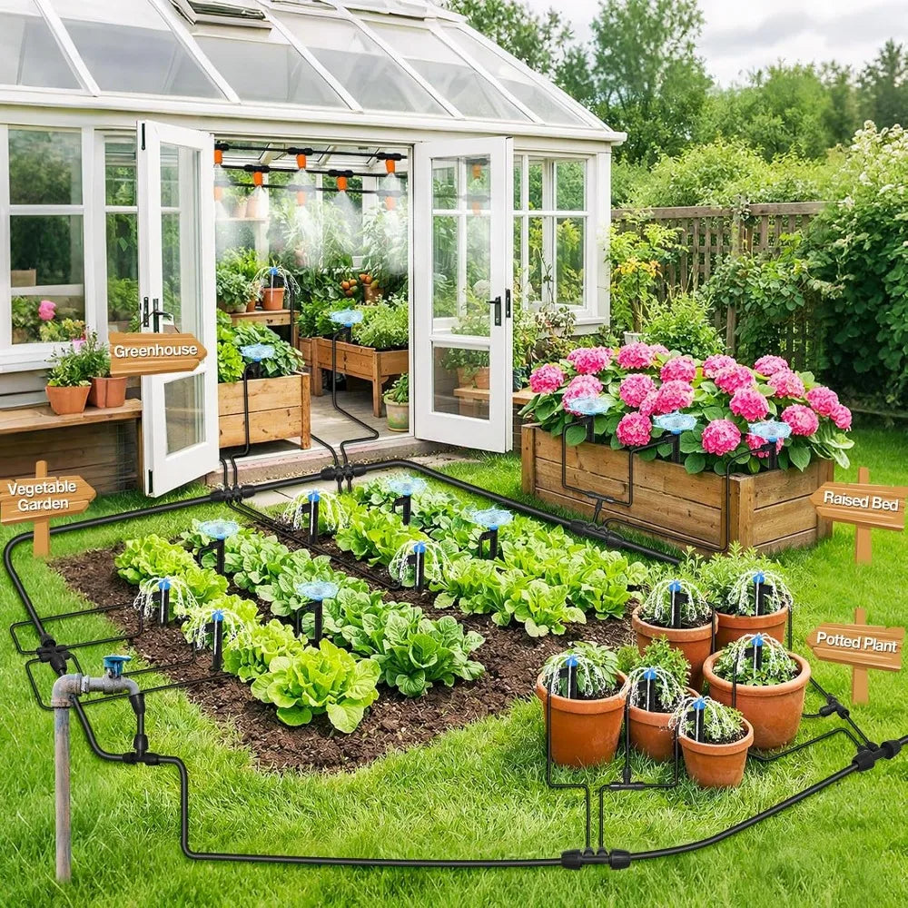 250FT Drip Irrigation System - Quick Connect Garden Misting Kit with Adjustable Nozzles for Indoor Outdoor Potted Plants Lawn Greenhouse