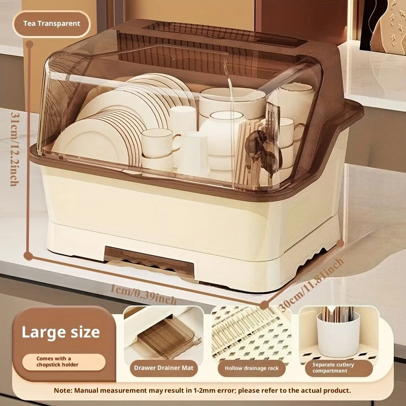 Lidded Dish Rack With Drainboard Dustproof Space Saving Countertop Cabinet