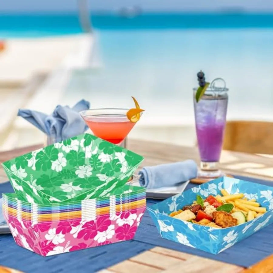 Luau Party Disposable Hibiscus Paper Trays And Aloha Serving Boats