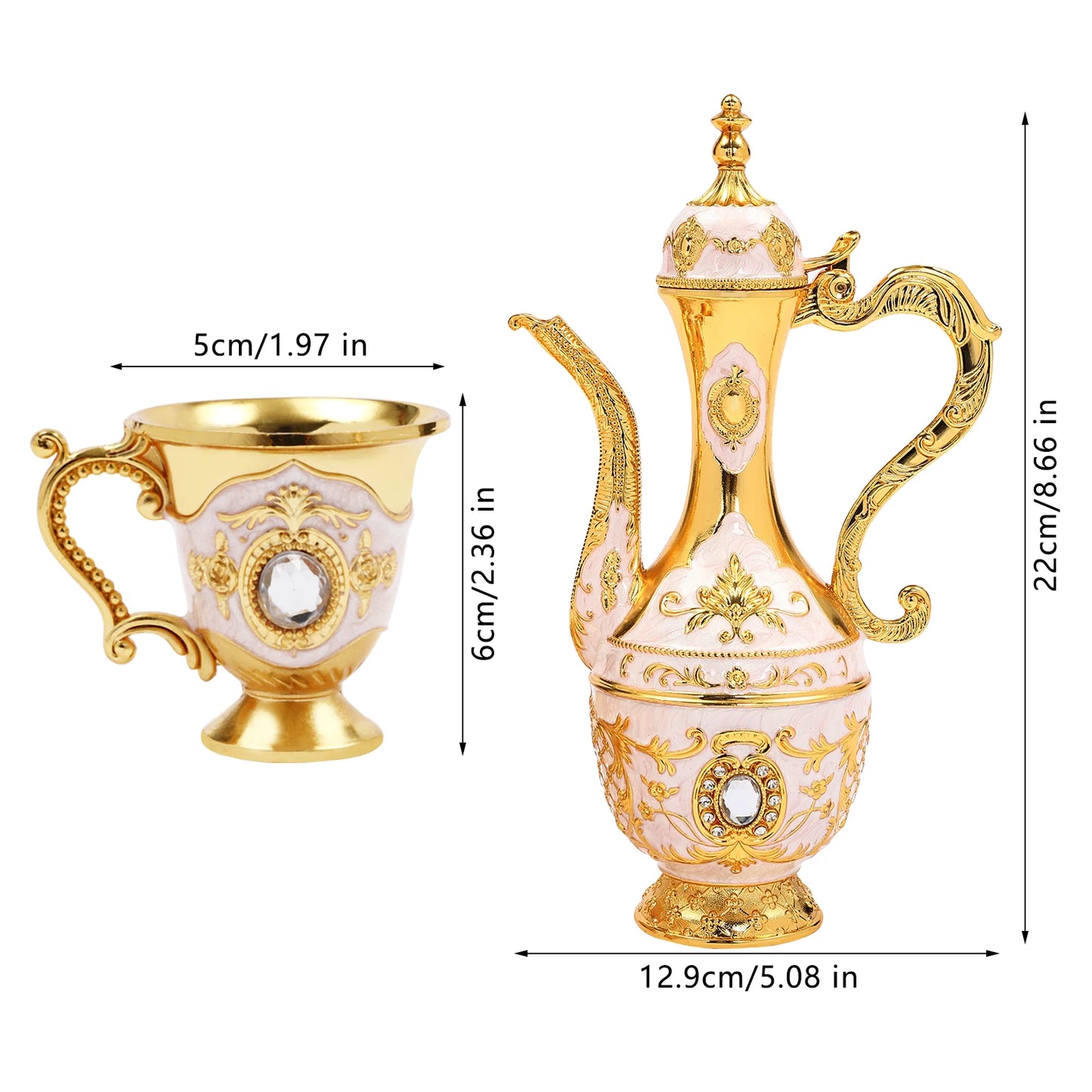 Tea Set with Tray, Vintage Coffee Set 1 Teapot 6 Cups 8.45oz, Gold White Tea Set for Home Wedding Gift