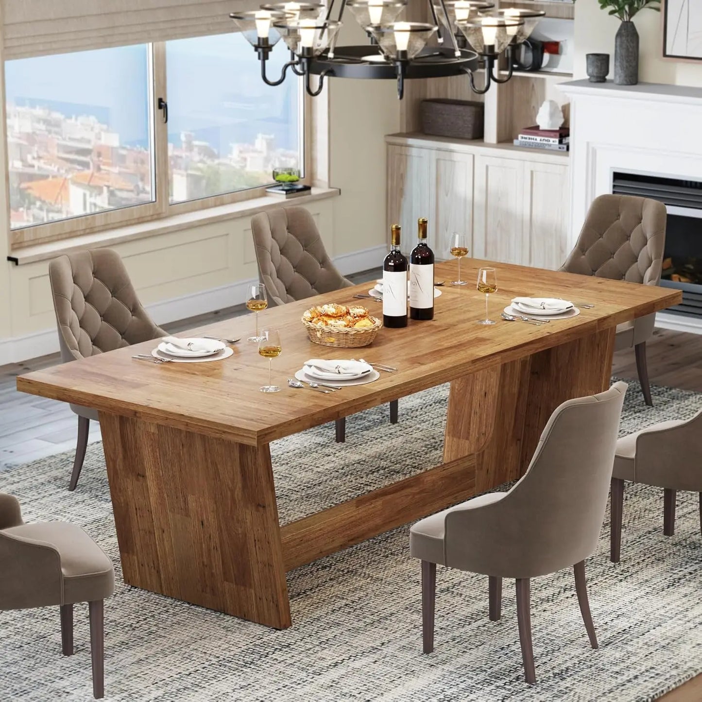 Dining Room Table: Rectangular Farmhouse Kitchen Table with Solid Pedestal, Rustic Long Dinner Table for Big Family