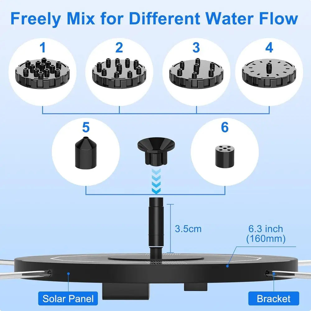 1.5W Floating Powered Water Fountain with 6 Nozzles and Mixer, for Outdoor Garden Pond Pool