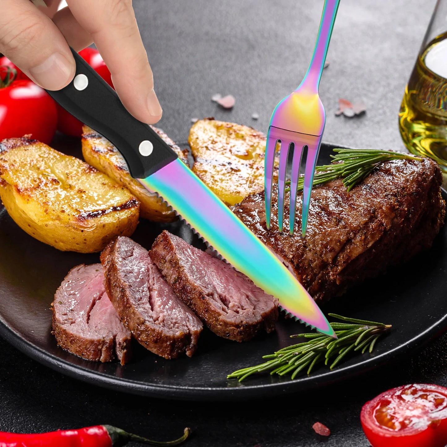 KOOMADE 24Pcs Rainbow Iridescent Titanium Plated Stainless Steel Flatware Set Service for 4, Silverware With Steak Knives Forks Spoons Dishwasher Safe for Home Wedding Gift