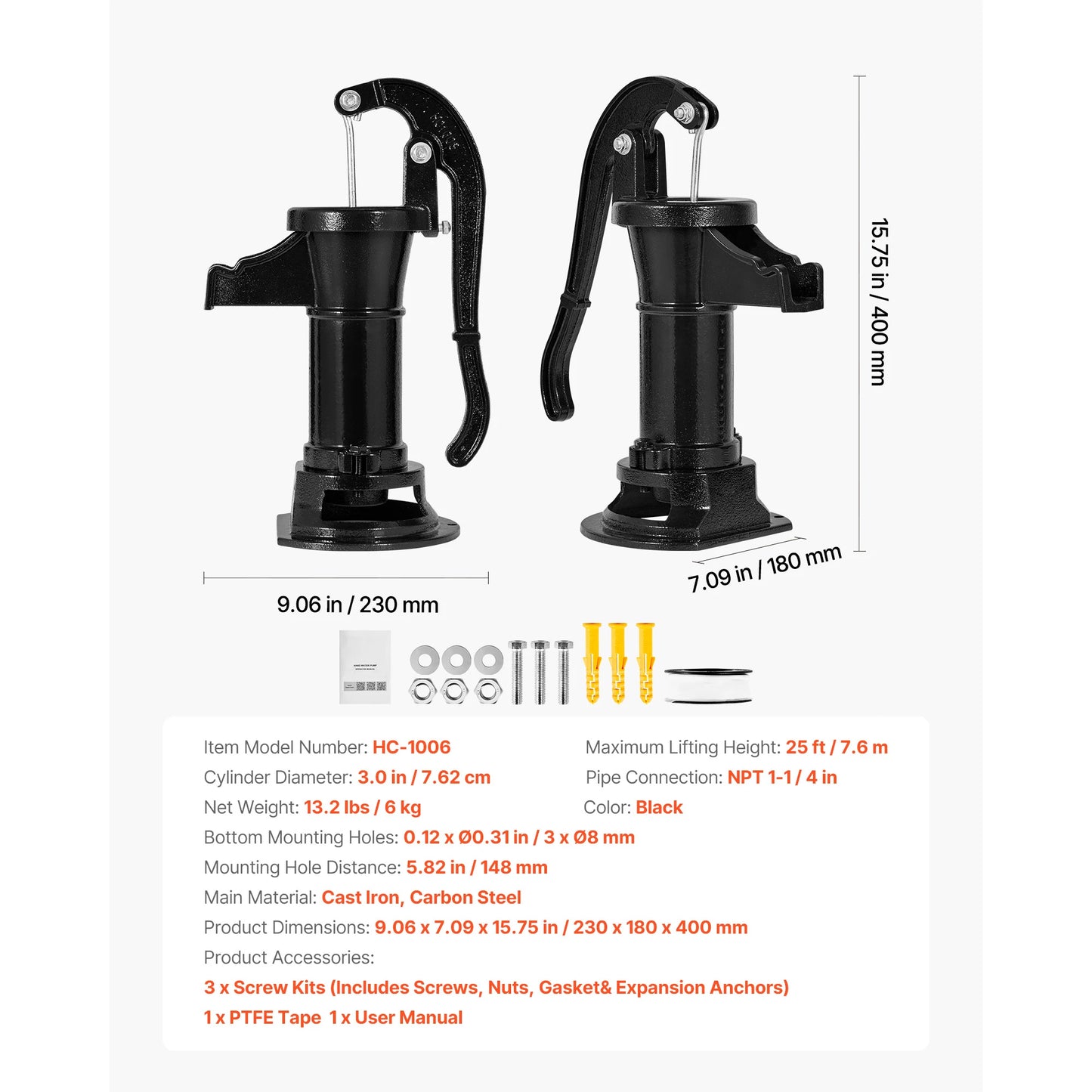 SucceBuy Well Hand Pitcher Pump 25 ft Maximum Lift Cast Iron NPT 1-1/4 in Connection for Garden Pond Farm Red/Black/Yellow/Green