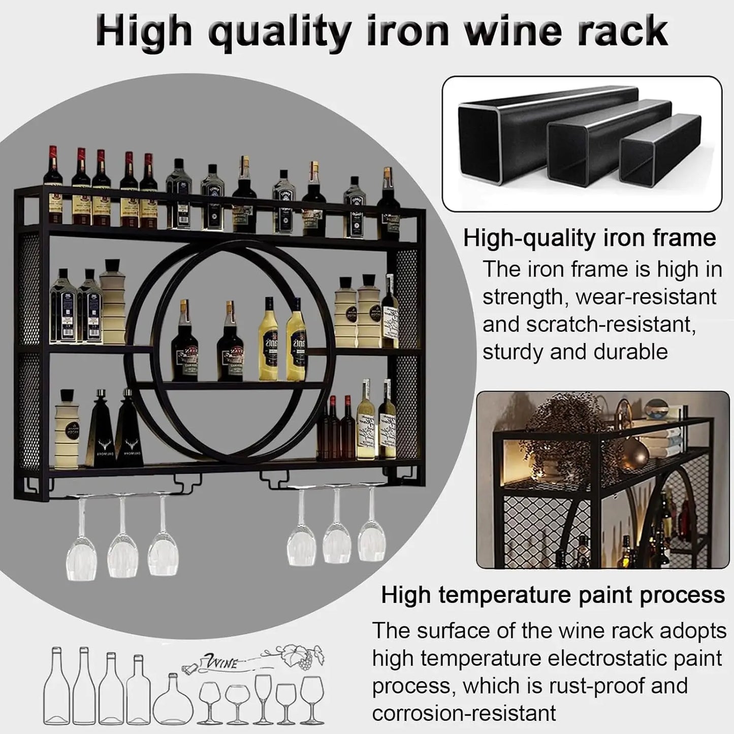 Wall Mounted Wine Rack With LED Lights Iron Floating Shelf