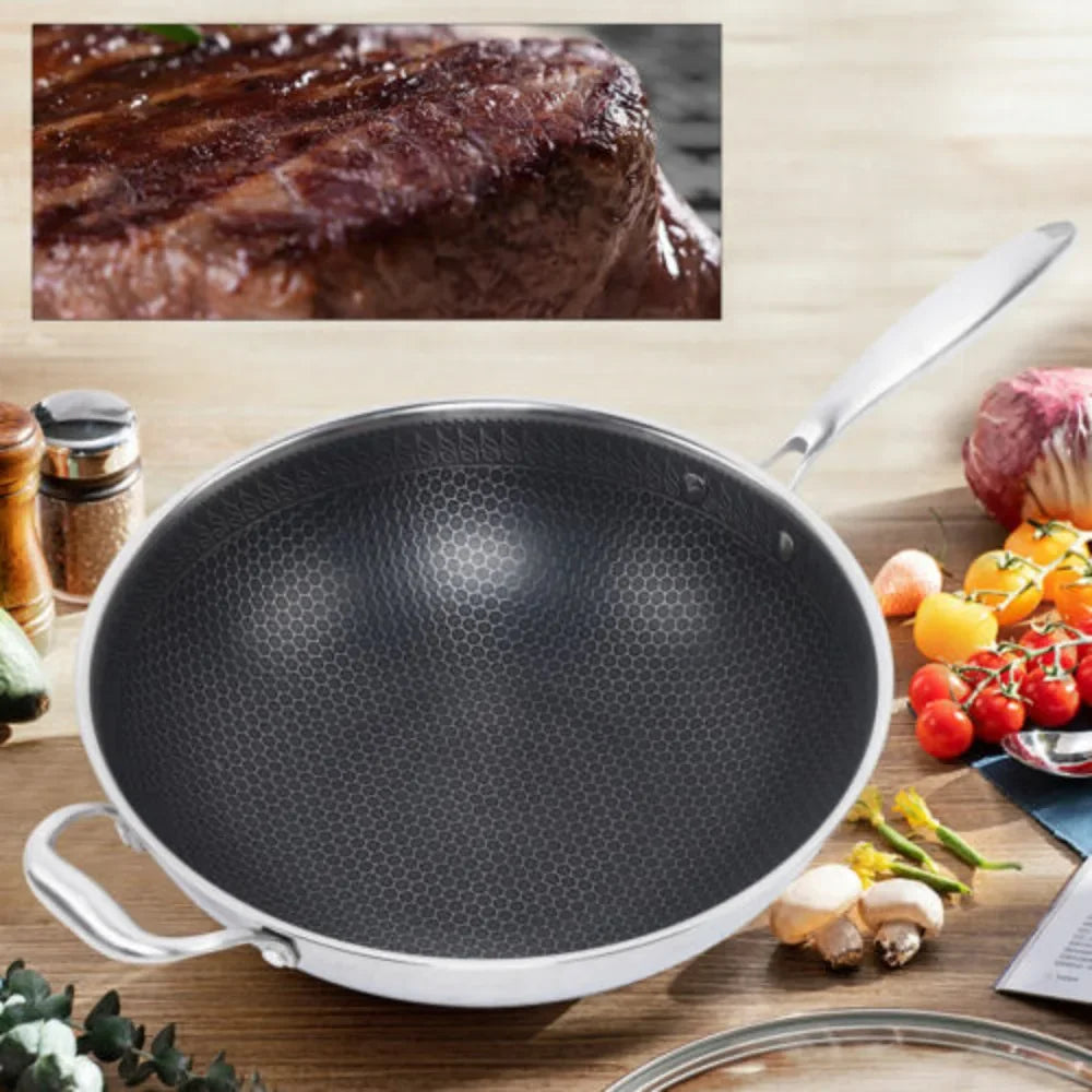 Stainless Steel Wok Pan With Nonstick Coating And Glass Lid