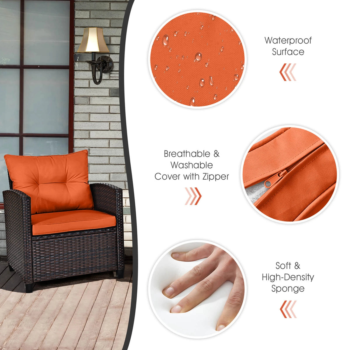 3 PCS Patio Rattan Furniture Set Cushioned Conversation Set Sofa Orange