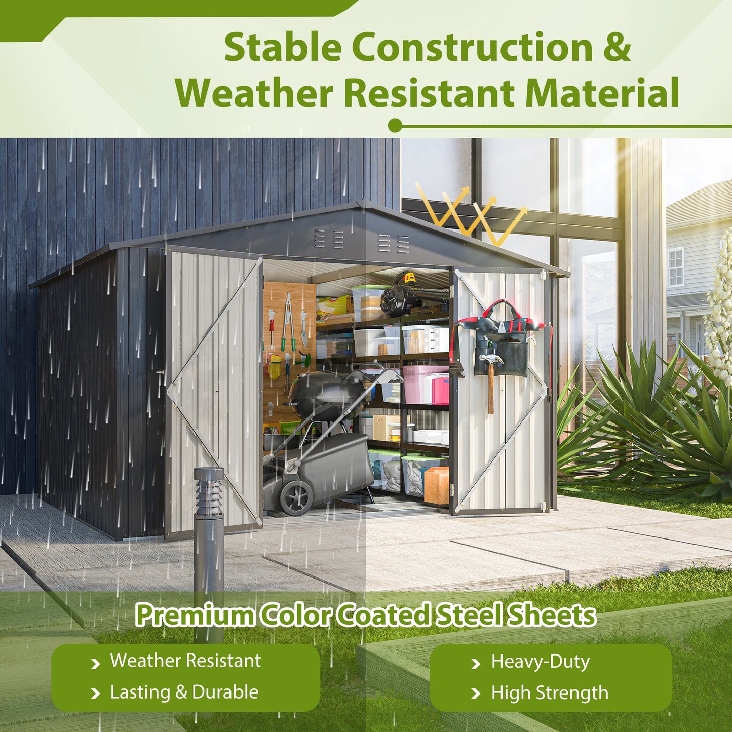 Outdoor Storage Shed 10x8 FT All Weather Metal Shed with Lockable Doors Garden Tool Shed for Patio Backyard Lawn Black