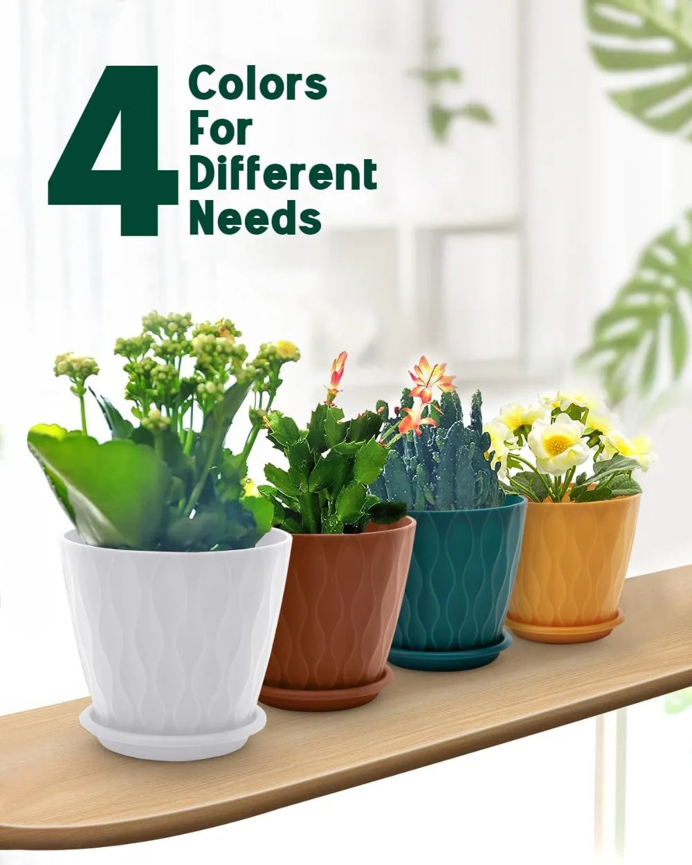 Porcelain Indoor Plant Pots With Drainage And Trays Four Pack