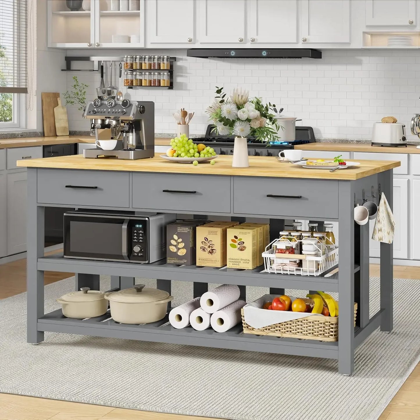 Rubberwood Kitchen Island With Power Outlets And Shelves Farmhouse Style