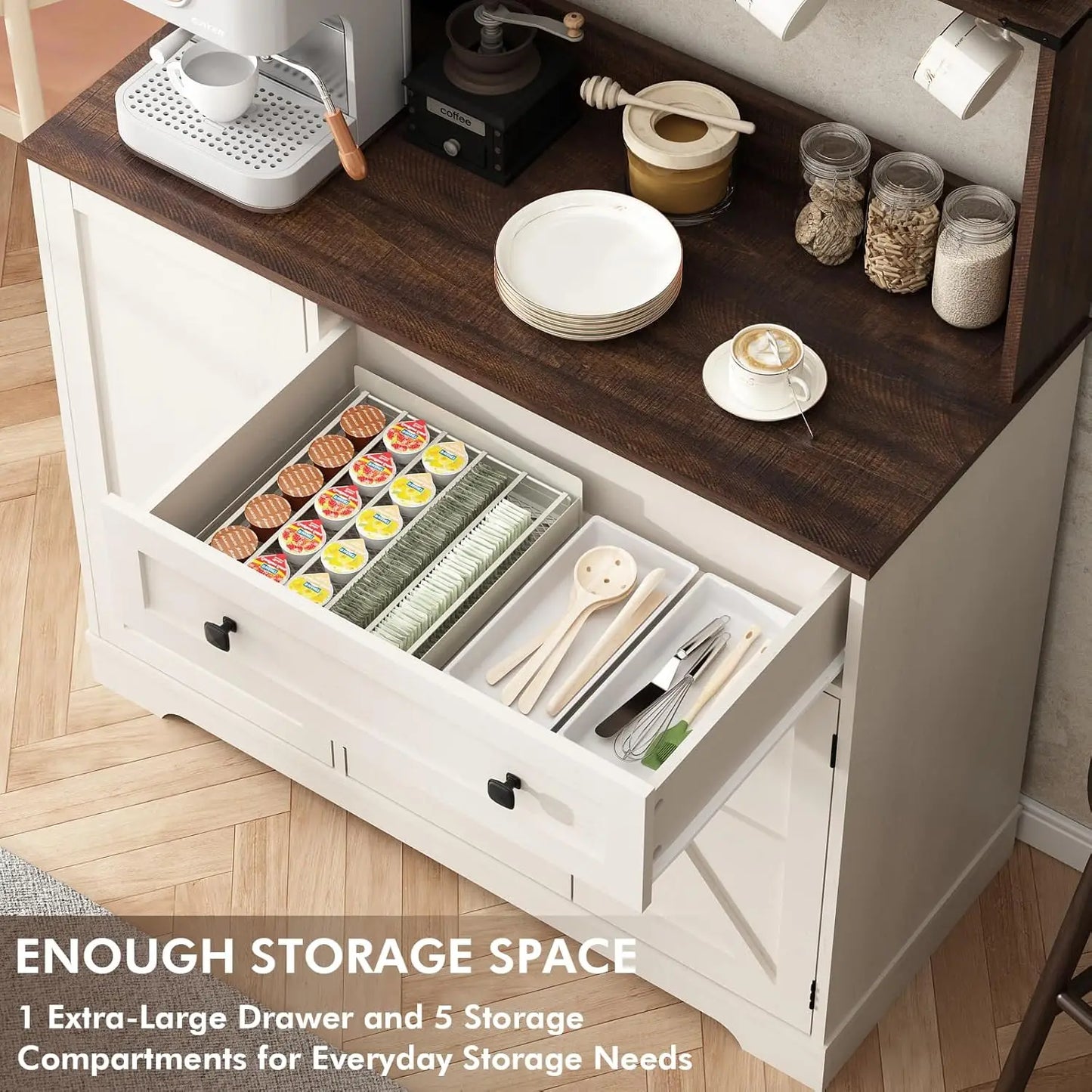Wnutress Farmhouse Coffee Bar Cabinet With Drawer And Charging Station