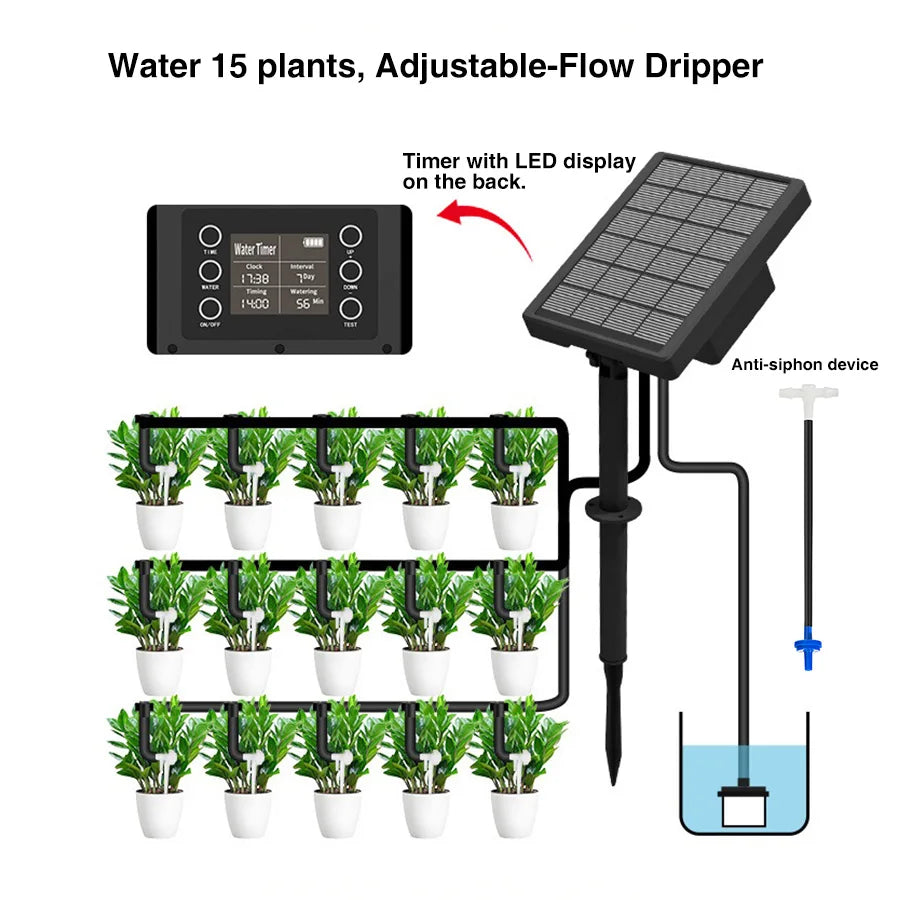 Solar Garden Irrigation System With LCD Timer And Adjustable Drippers