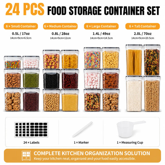 24PCS Food Storage Container Set, BPA Free Plastic Kitchen Canisters with Airtight Sealed Lids, 4 Sizes Stackable Cereal Rice Pasta Containers with Chalkboard Labels & Marker