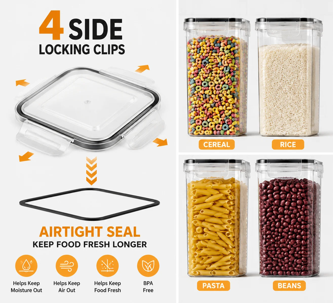 24PCS Food Storage Container Set, BPA Free Plastic Kitchen Canisters with Airtight Sealed Lids, 4 Sizes Stackable Cereal Rice Pasta Containers with Chalkboard Labels & Marker