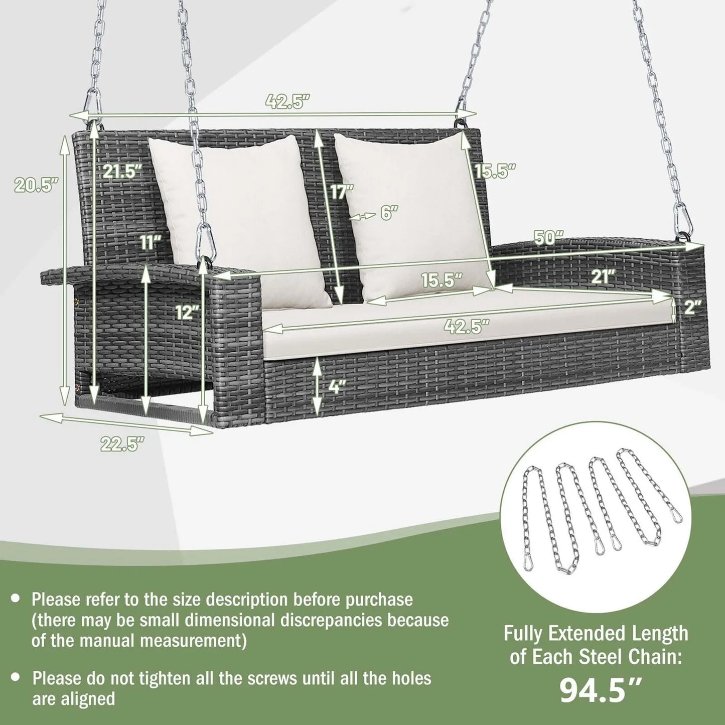2 Person Patio Hanging Swing Rattan 800LBS Bench Off White