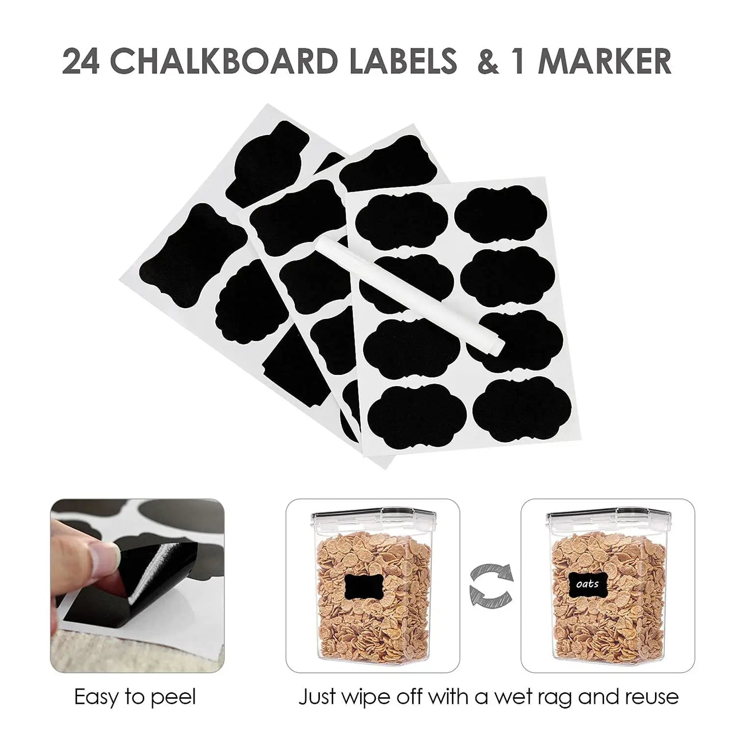 24PCS Food Storage Container Set, BPA Free Plastic Kitchen Canisters with Airtight Sealed Lids, 4 Sizes Stackable Cereal Rice Pasta Containers with Chalkboard Labels & Marker
