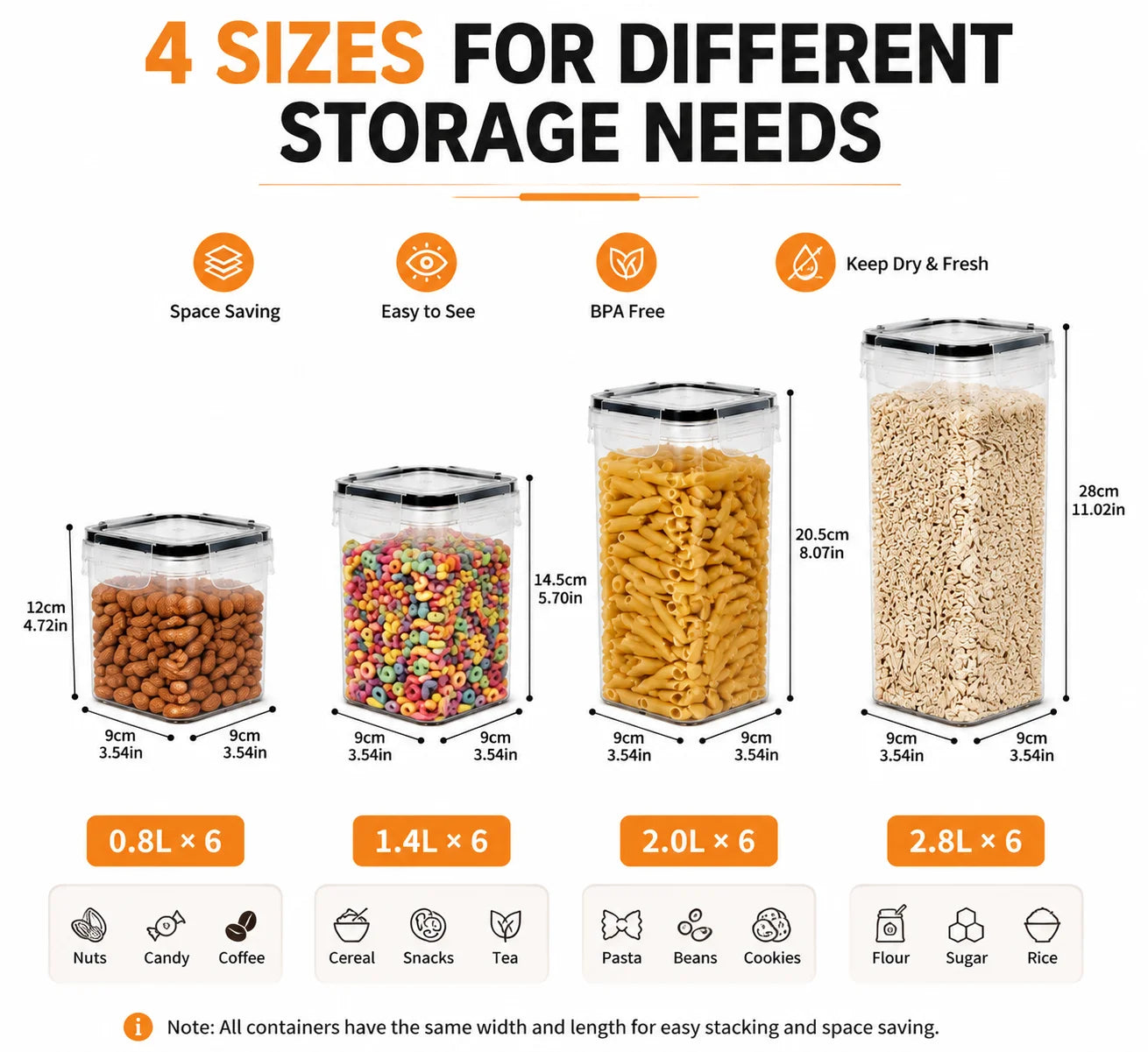 24PCS Food Storage Container Set, BPA Free Plastic Kitchen Canisters with Airtight Sealed Lids, 4 Sizes Stackable Cereal Rice Pasta Containers with Chalkboard Labels & Marker