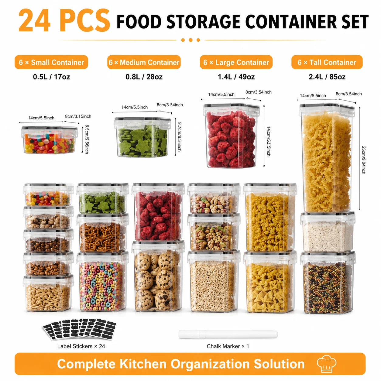 24PCS Food Storage Container Set, BPA Free Plastic Kitchen Canisters with Airtight Sealed Lids, 4 Sizes Stackable Cereal Rice Pasta Containers with Chalkboard Labels & Marker