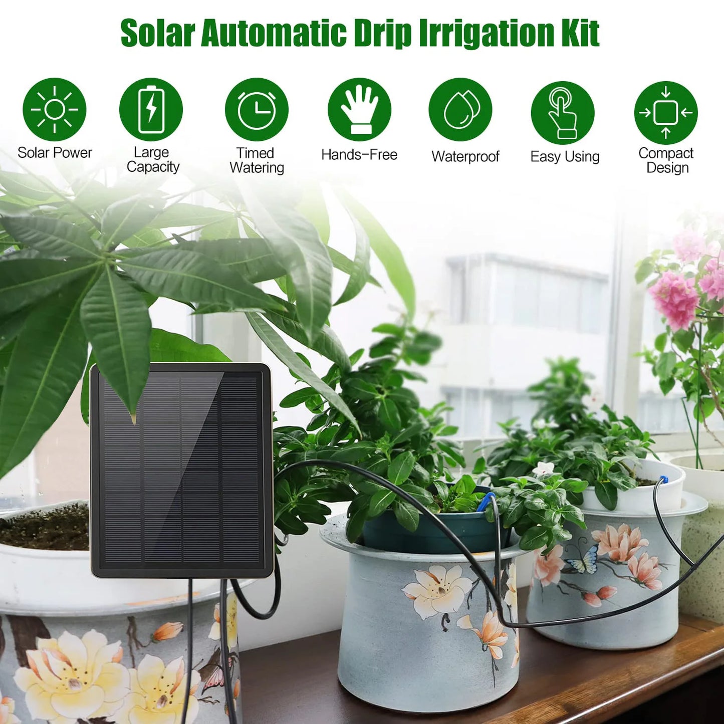 Solar Garden Irrigation System With LCD Timer And Adjustable Drippers
