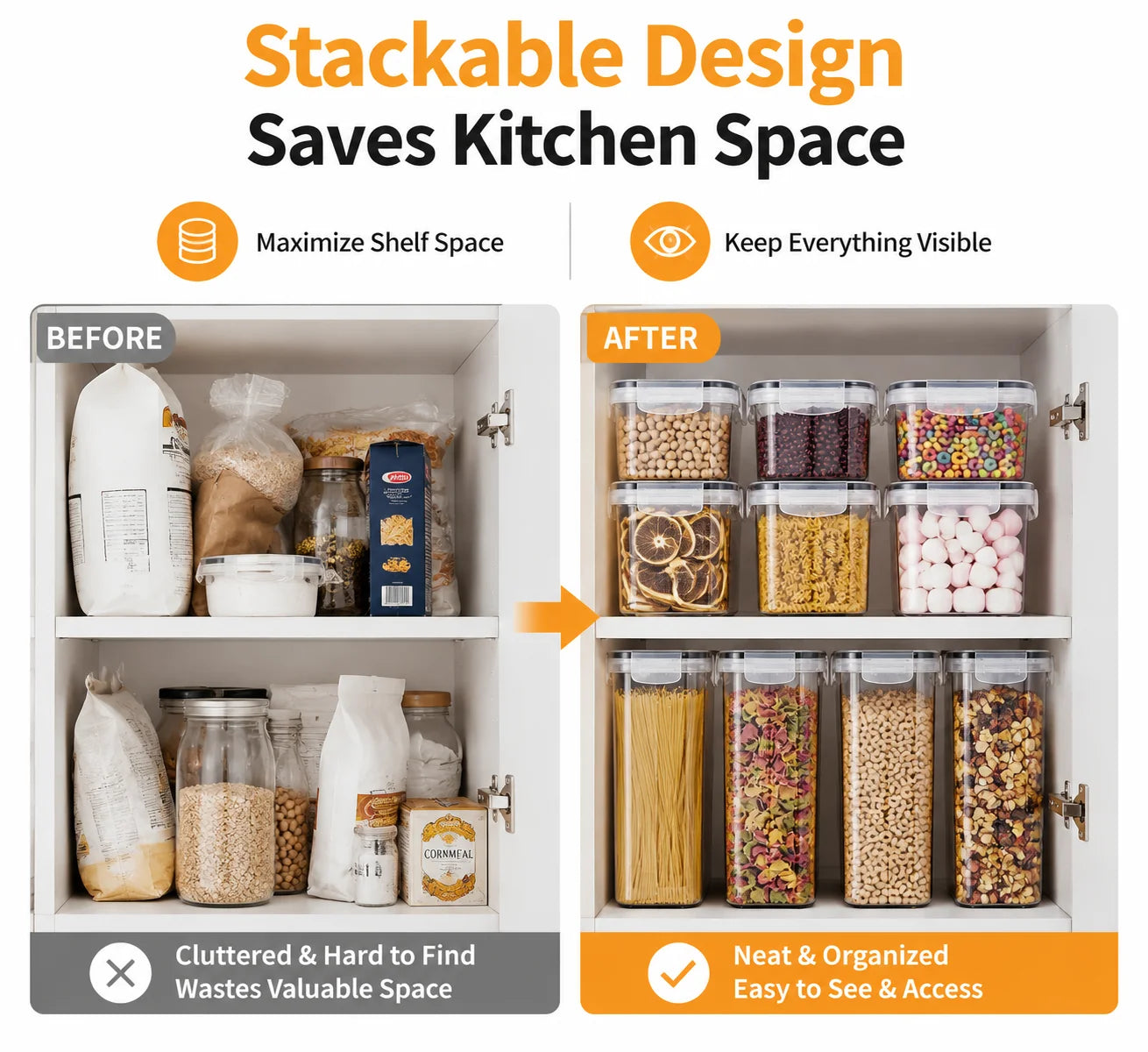 24PCS Food Storage Container Set, BPA Free Plastic Kitchen Canisters with Airtight Sealed Lids, 4 Sizes Stackable Cereal Rice Pasta Containers with Chalkboard Labels & Marker