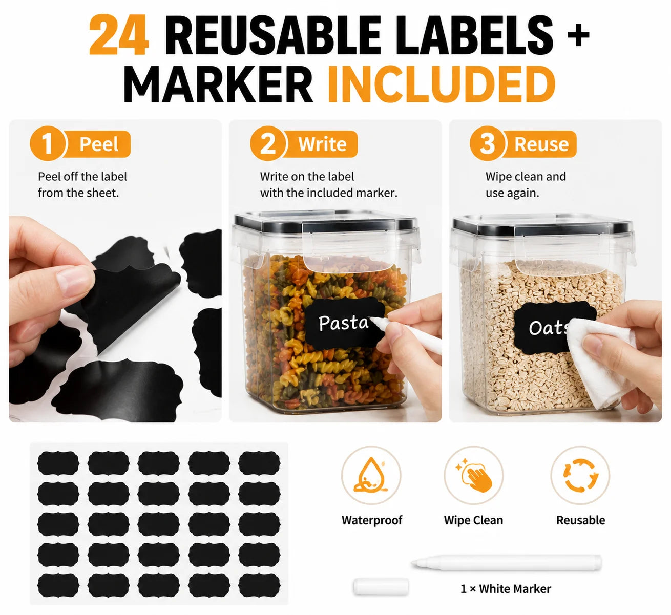 24PCS Food Storage Container Set, BPA Free Plastic Kitchen Canisters with Airtight Sealed Lids, 4 Sizes Stackable Cereal Rice Pasta Containers with Chalkboard Labels & Marker