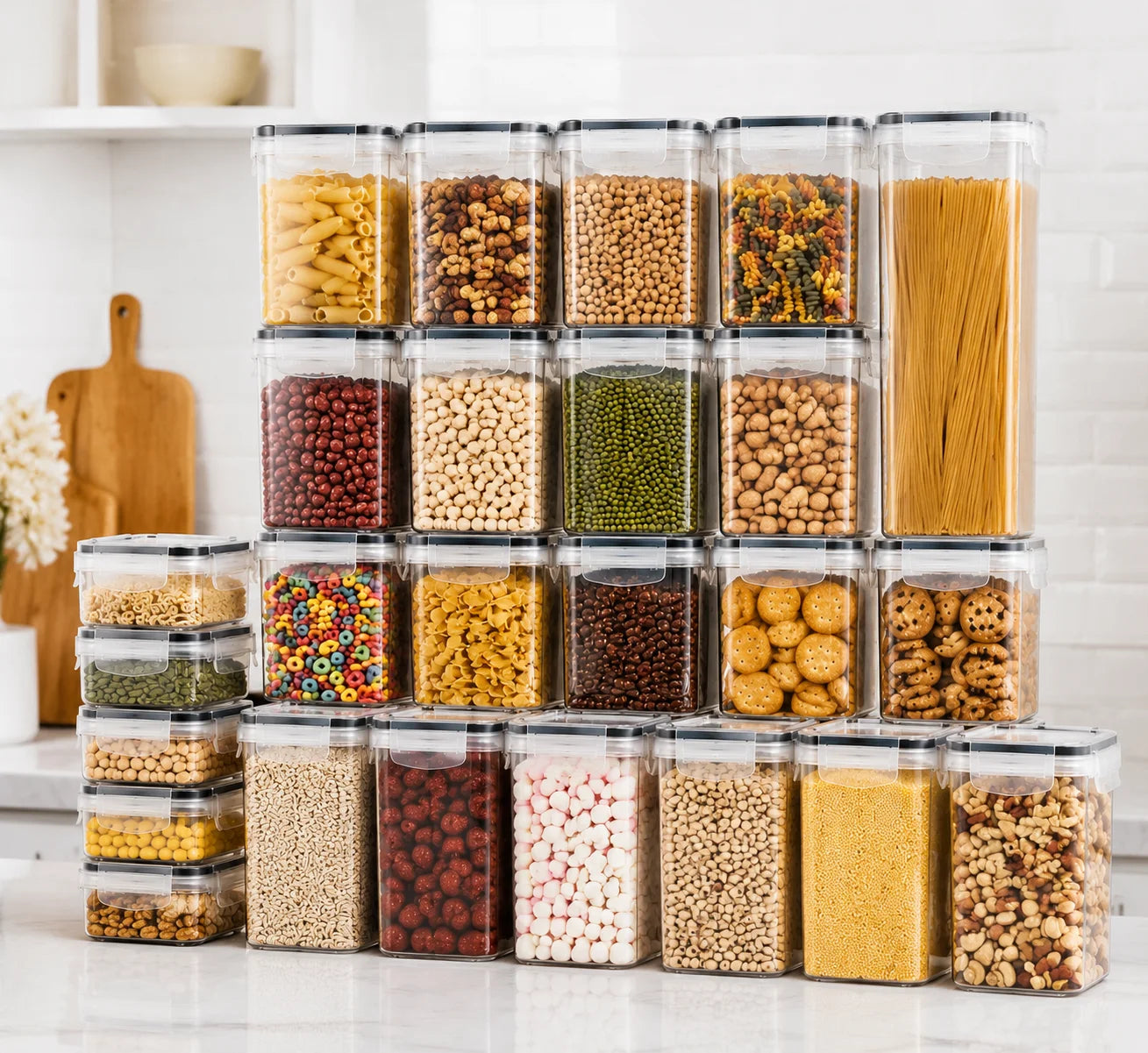 24PCS Food Storage Container Set, BPA Free Plastic Kitchen Canisters with Airtight Sealed Lids, 4 Sizes Stackable Cereal Rice Pasta Containers with Chalkboard Labels & Marker