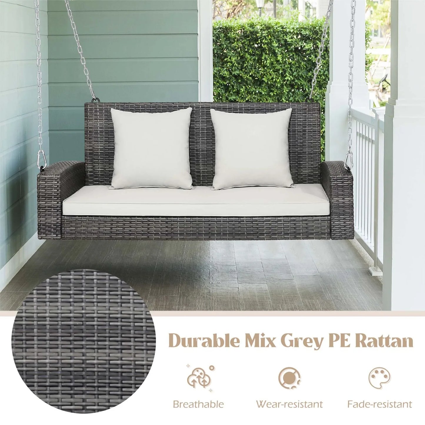 2 Person Patio Hanging Swing Rattan 800LBS Bench Off White